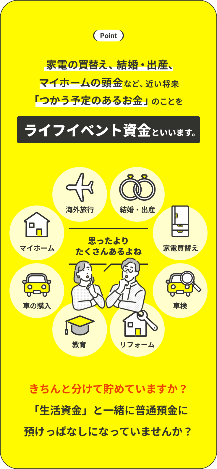 家電の買換え、結婚・出産、マイホームの頭金など、近い将来「つかう予定のあるお金」のことをライフイベント資金といいます。